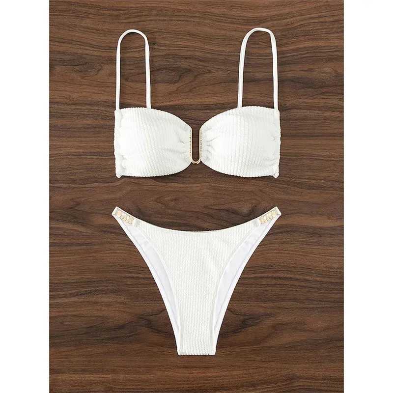 Sexy U-neck Bikini Set for Womens Pure White Black Push Up Folded Micro Swimsuit 2024 Brazilian Tailored Swimsuit thong SwimsuitW241225