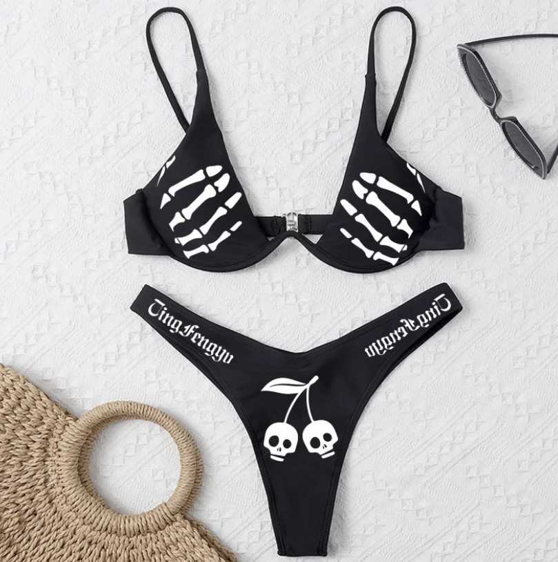 Yiiciovy womens swimsuit bikini set Halloween skull letter printing V-neck push up pad bikini+elastic waist Brazilian bikiniW241225