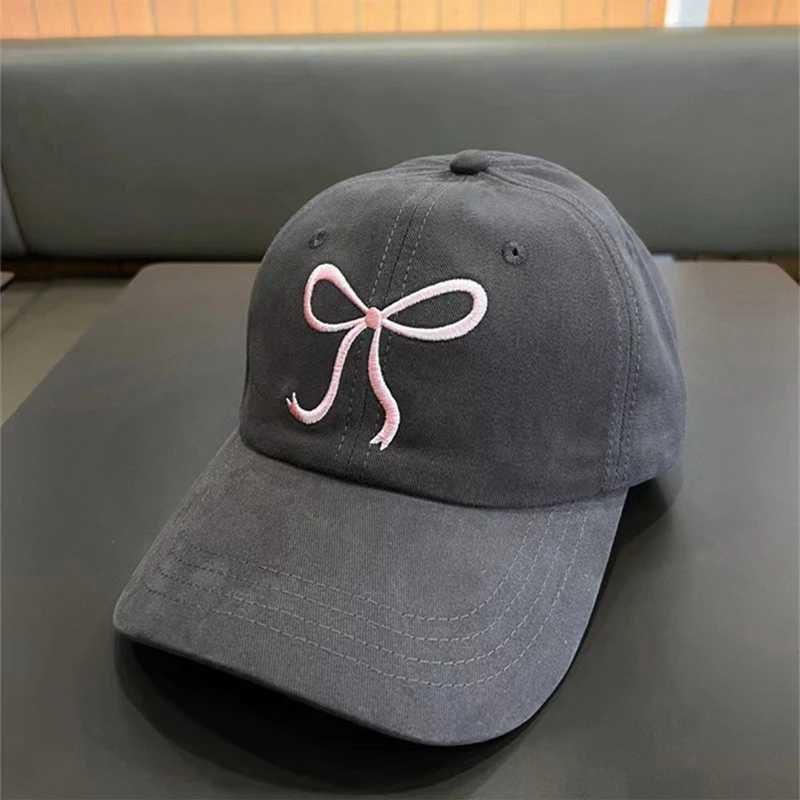 Korean Bow Baseball Hat Womens Y2K Pink Bow Embroidered Snap Cap Summer Adjustable Soft Top Foot Cap W241225