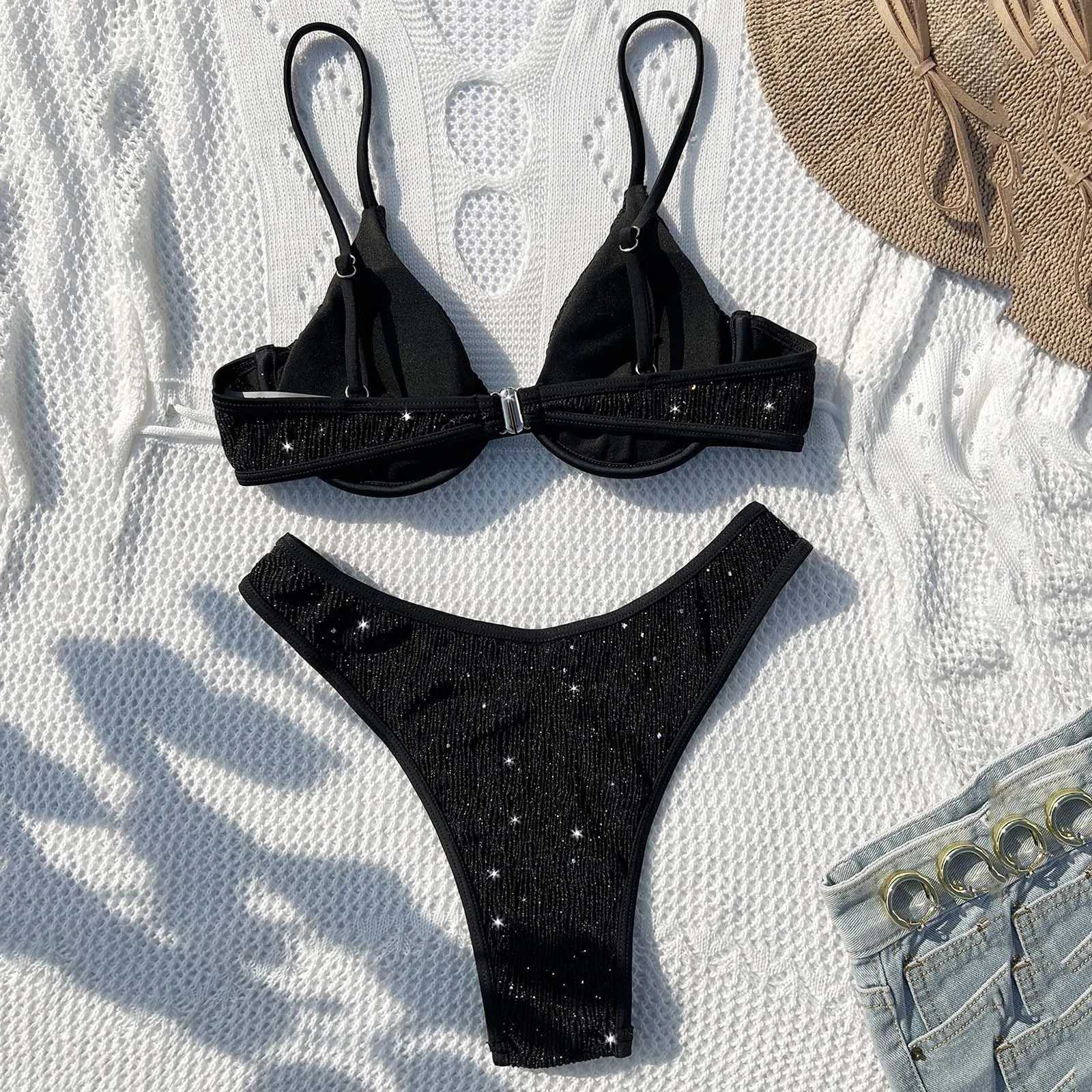 Sexy Solid Bikini Womens Waterproof Sexy Brazil 2-piece spaghetti strap thong high waisted swimsuit Pareo De Playa Para MujerW241225