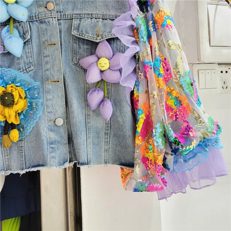 Hem Frayed Big Pocket Denim Jacket Women Multicolour Sequins Mesh Lantern Sleeve Cow Outwear Loose Short Jeans Jackets Female 241223