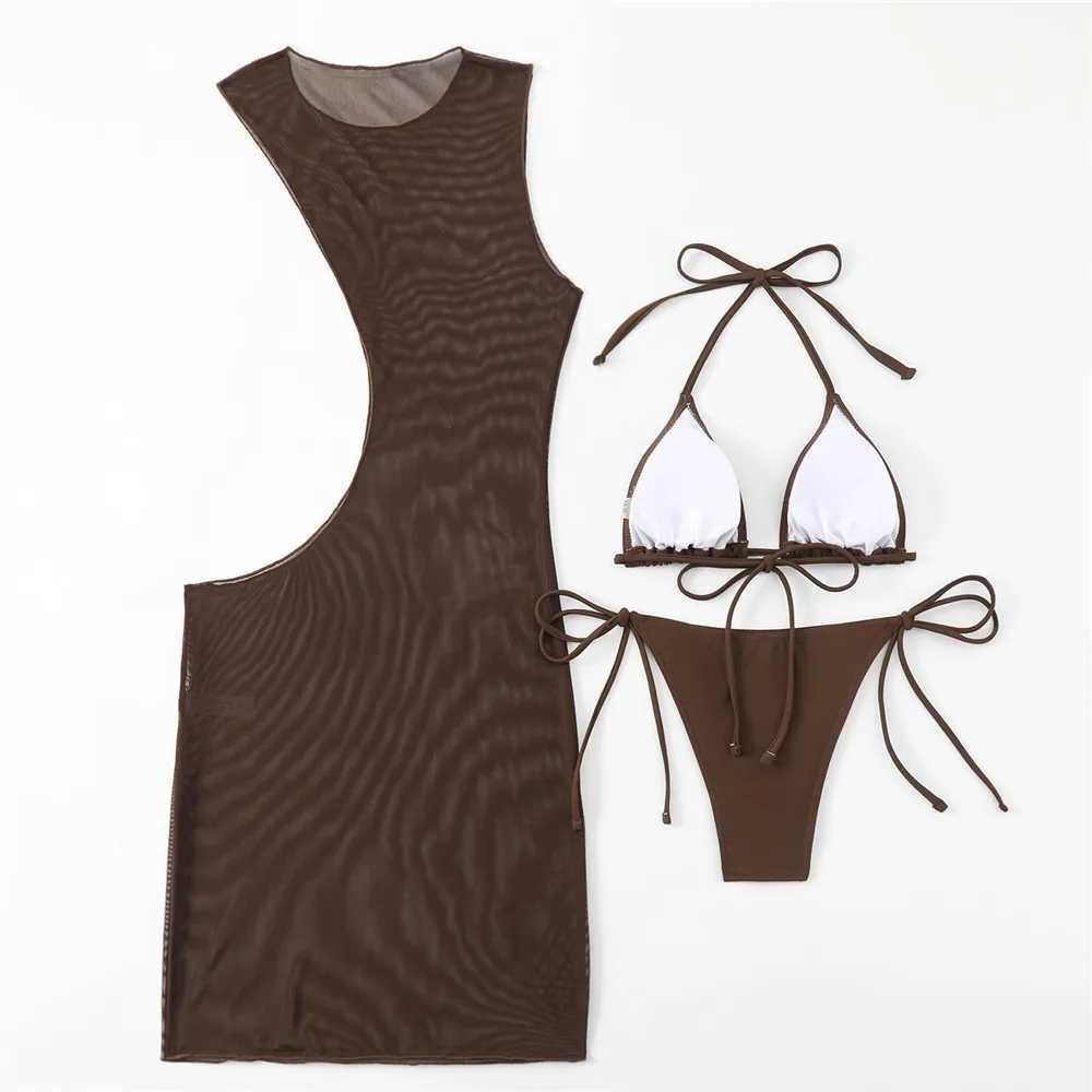 Brown mesh eyemask swimsuit 3-piece bikini set sexy swimsuit womens 2024 suspender triangle mini bikini thong beachwearW241225