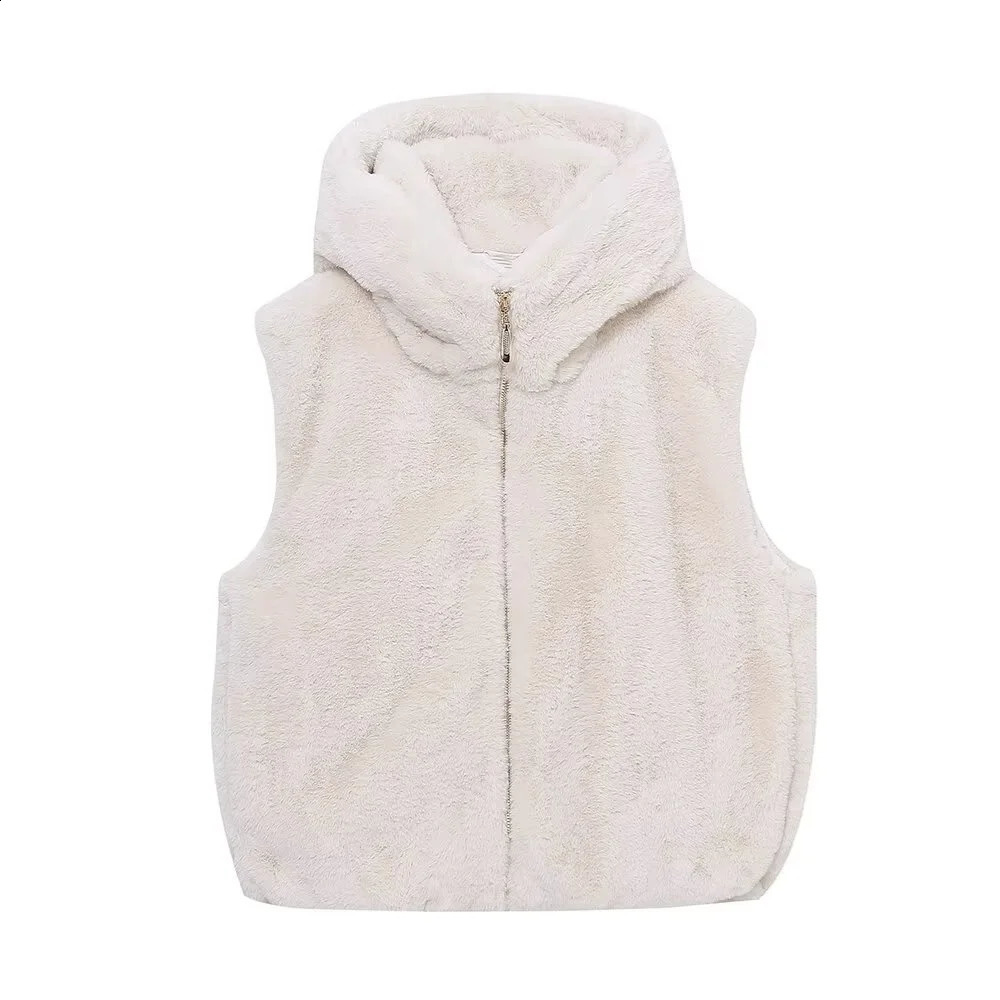 UNIZERA loose sleeveless hooded solid color fur vest autumn and winter zipper jacket for women 241220