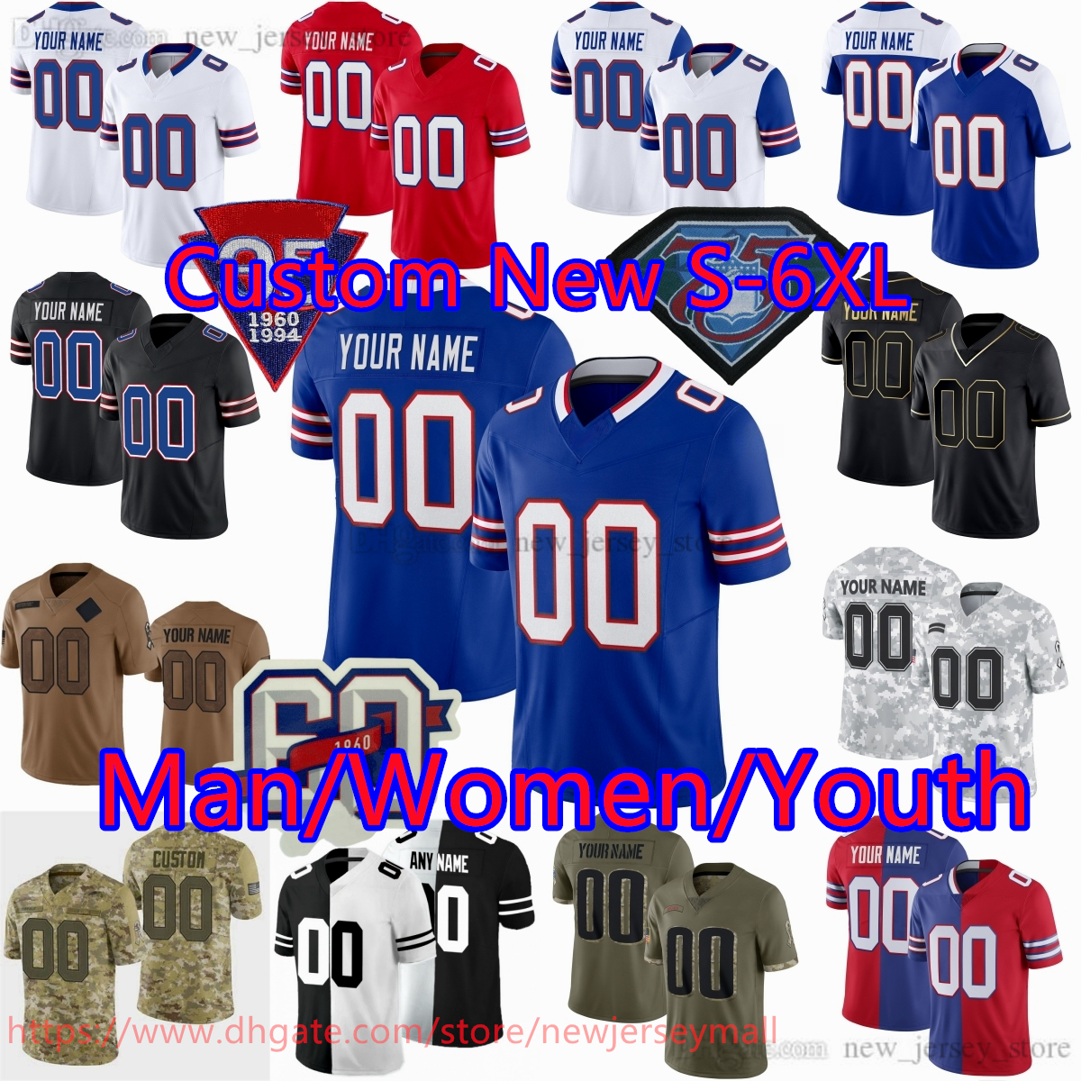 DIY Custom 17 Josh Allen Jersey Football Jim Kelly OJ Simpson Thurman Thomas Bruce Smith Andre Reed Amari Cooper James Cook Von Miller Ray Davis Mack Hollins Tyler Bass