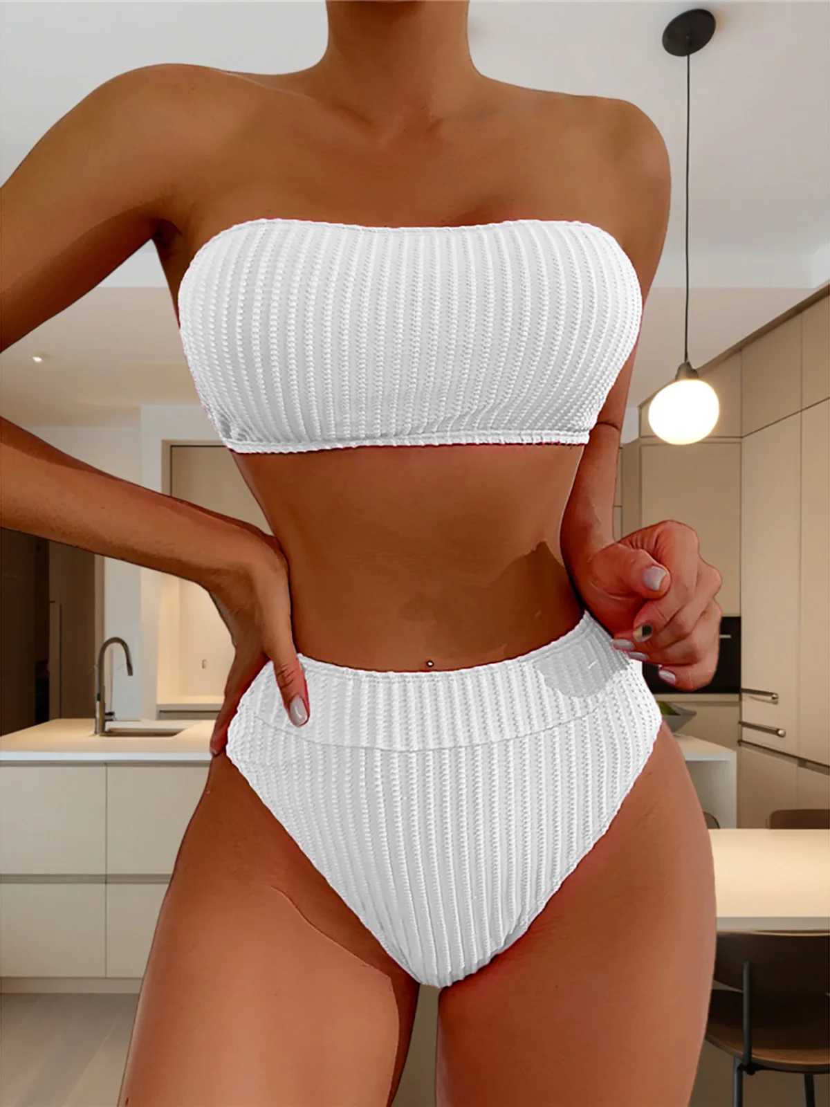 S-XL Bandeau pleated womens swimsuit high waisted bikini womens swimsuit two-piece bikini swimsuit bathroom swimsuit K5904W241225