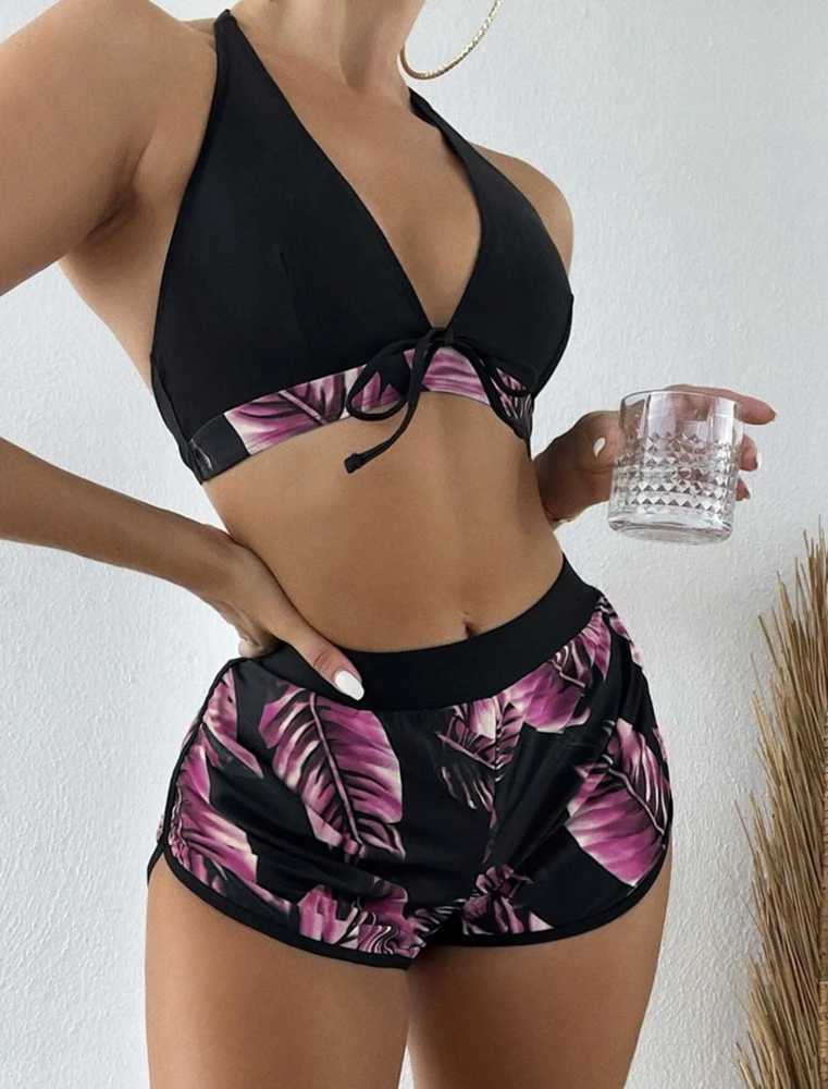 Womens 2024 new bikini 6-color sexy suspender bikini 3-piece set with leaf print high waist swimsuit beach swimsuit S-XXL sizeW241225