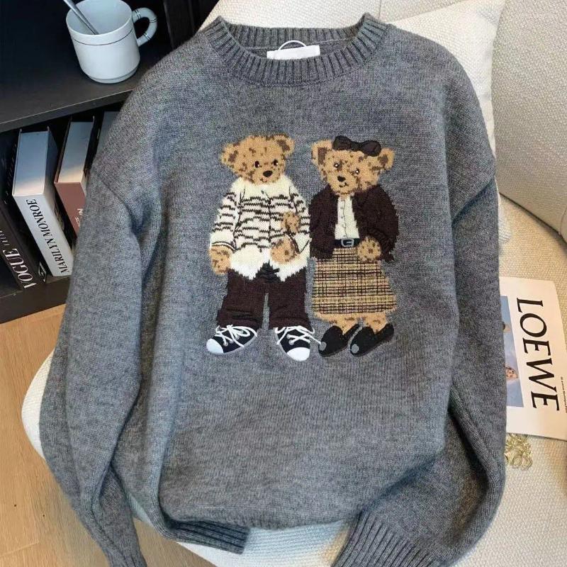 Men's Sweaters Retro Sweater Bear Jacquard Knitted Women's Autumn And Winter Loose Slim Casual Round Neck Lazy Style Top