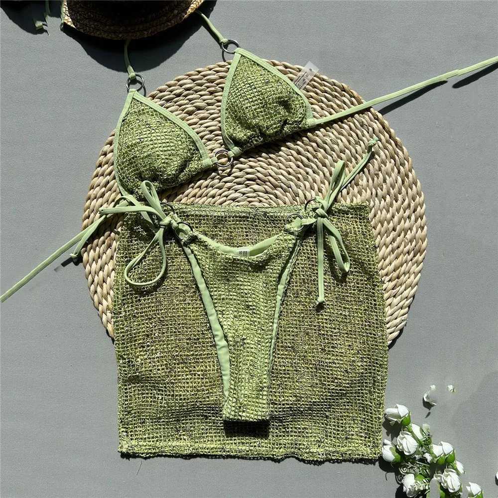 Green fishing net sexy swimsuit top womens 3-piece bikini set Damen Halter swimsuit 2025 beachwear beaded mini bikiniW241225