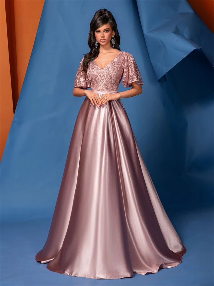 XUIBOL Elegant Short Sleeve Pink Satin Formal Evening Dress Long Women Mermaid Wedding Party Dress Cocktail Prom 241223