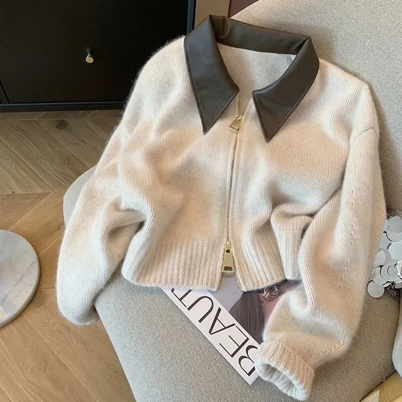 Full Sleeve Solid Women Turn Down Collar Loose Casual Knitted Coats Zipper Autumn Winter 2024 Regular Splice Sweaters Cardigan 241225