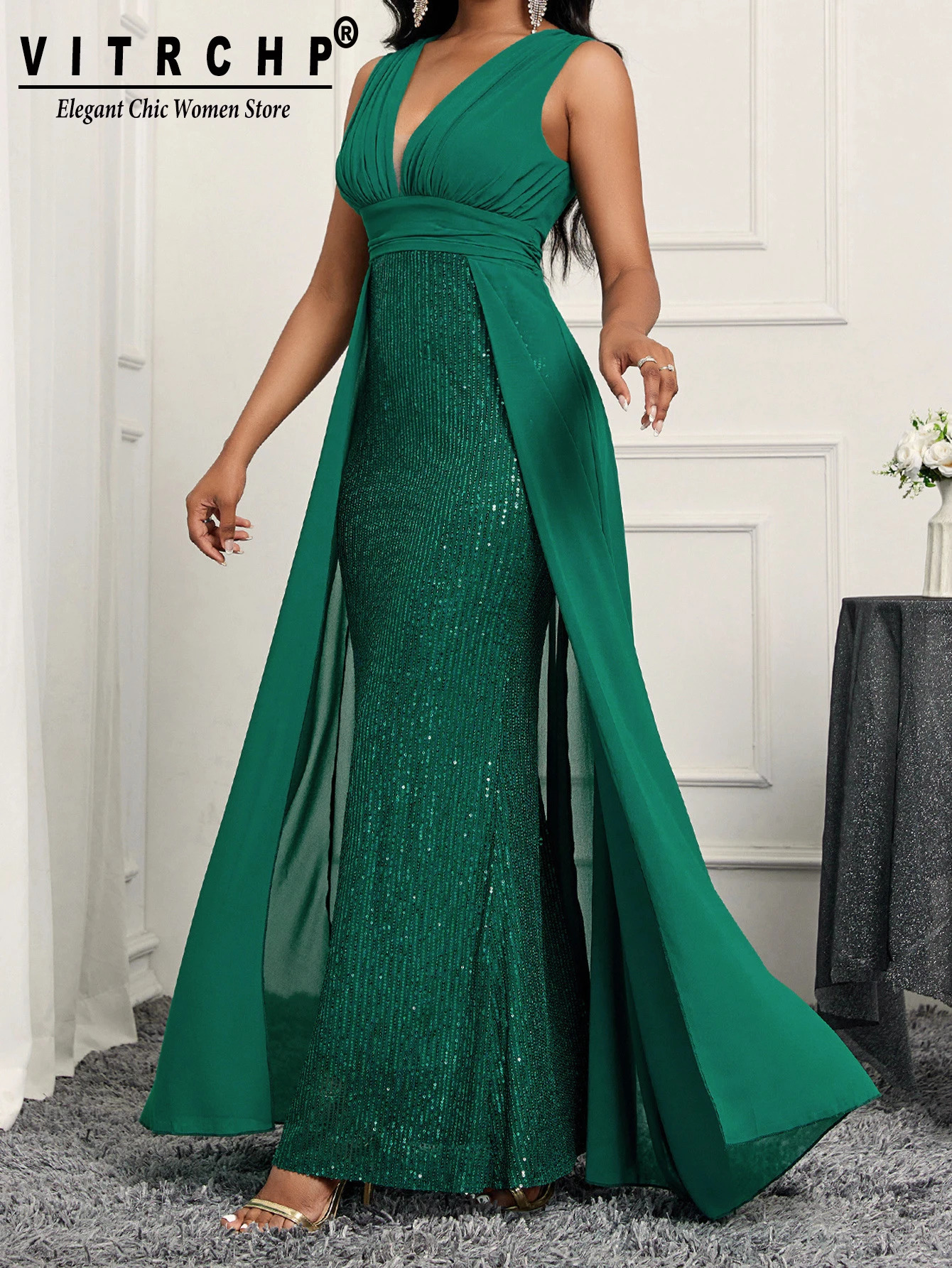 Elegant Green Sequin Dress Women Satin Strap Sleeveless Thigh Split Draped Bodycon Wedding Party Dresses Evening Gown 241223