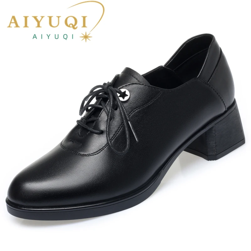 Spring Shoes Ladies Lace-up British Style Non-slip Women Shoes Genuine Leather Round Toe British Large Size Women Work Shoes
