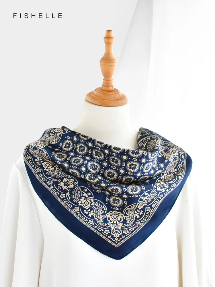 Navy blue Paisley faux natural silk scarves small square scarf hijab shawl gift headband 65cm men women wrap neckerchief 241225