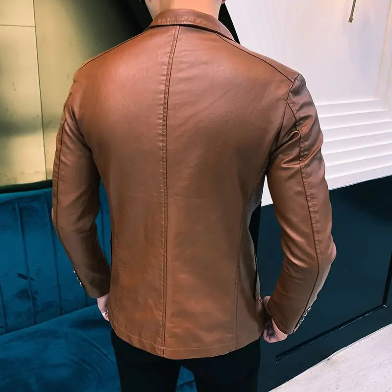 Thin Slim Fit Leather Jacket for Men Single Breasted In Man Suits and Blazers Handsome Vintage Simple Casual Classic Coats 241225