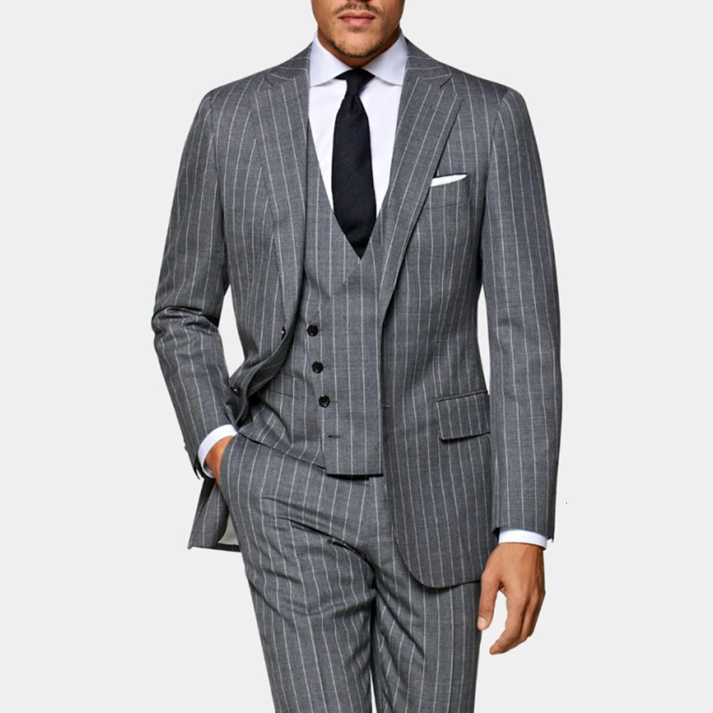 Classic Pinstripe Gray Suit For Mens Formal Business Blazer Wedding Groom Tuxedo Slim Fit 2 Piece Jacket Pants Costume Homme 241225