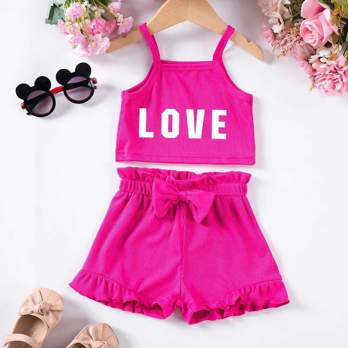 Clothing Sets Baby Girl Alphabet Printed Set LOVE Printed Camisole Top + Solid Color Ruffle Shorts Set Cute Baby Clothing 0-24MY241225O7VI