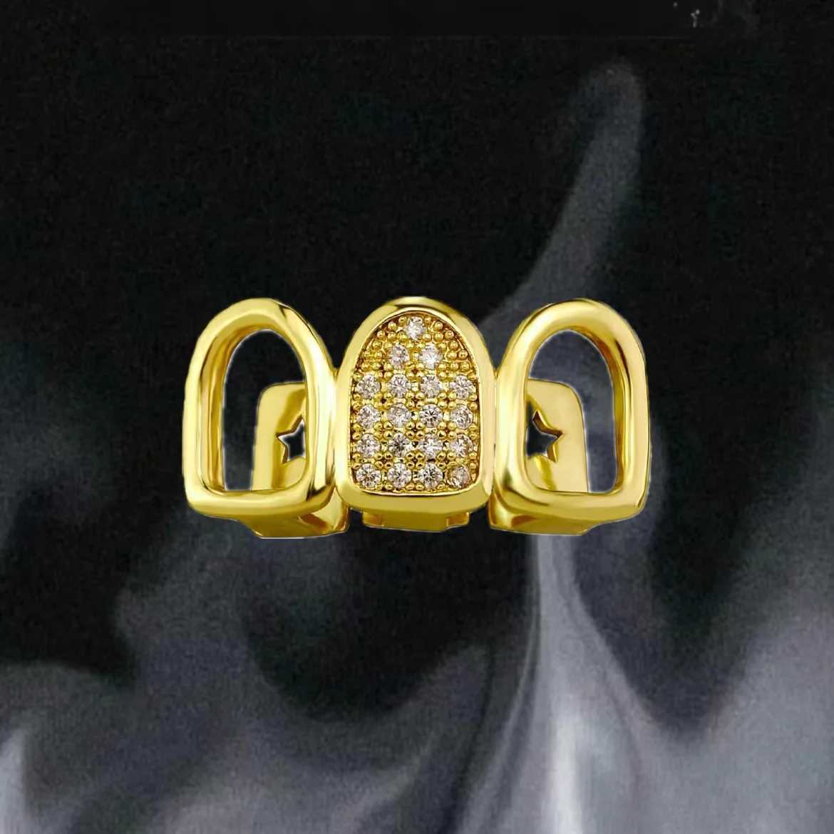YOUNGX Hip Hop Three Hollow Zircon Teeth Grillz For Women Men 14K Gold Plated CZ Stone Tooth Cs Decor JewelryXJ241225