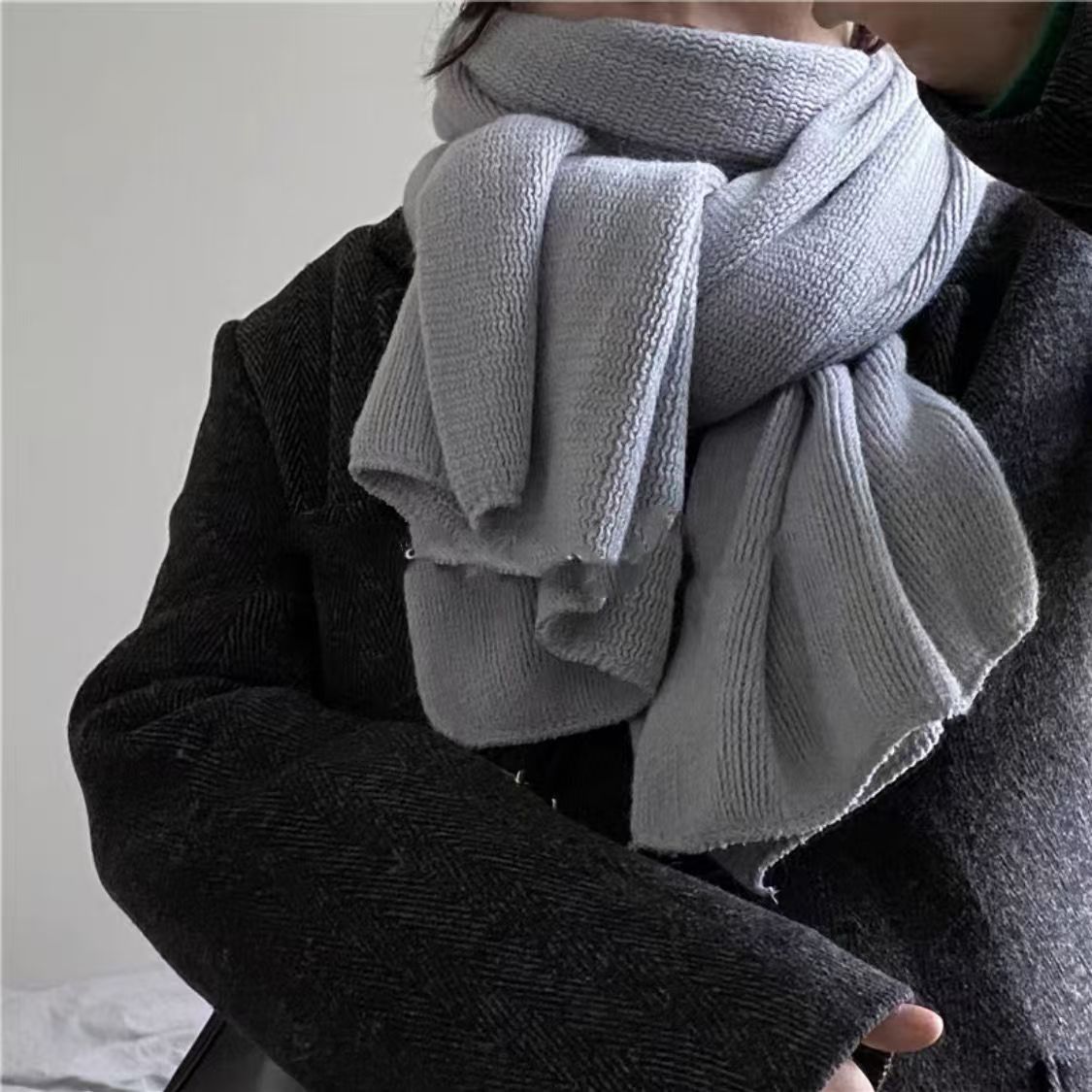 T029 scarf winter women's high-grade knitted wool solid color Korean style couple warm neck scarf