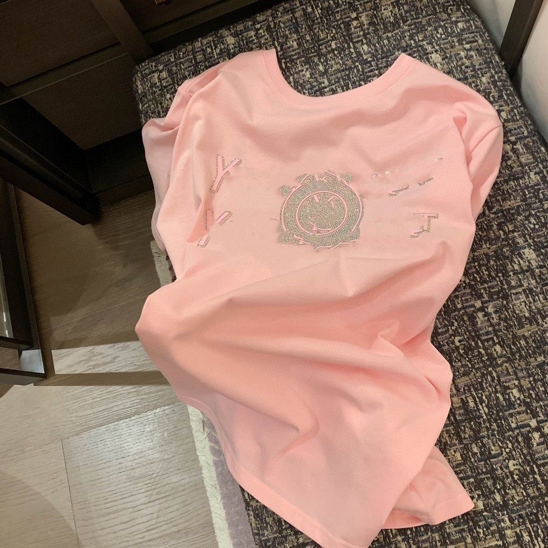 Women's T-Shirt Womens loose o-neck short slve cotton fabric rhinestone letter shinny bling t-shirts MLXL H25215