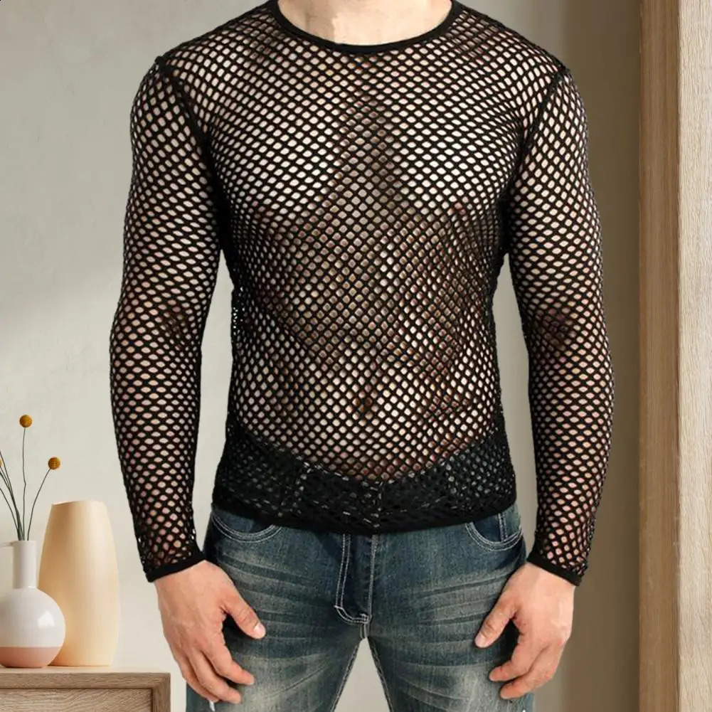 Men Mesh T Shirt Transparent Sexy Fishnet O Neck Long Sleeve Club Tshirt Party Nightclub Hollow Out Seethrough 241223