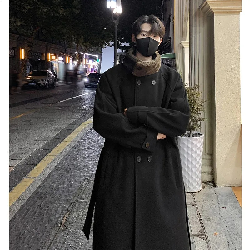 Mens Lamb wool Patchwork Woolen Overcoat Men High-end Stand Collar Casual Loose Korean Style Winter Elegant Trench Coat 241223