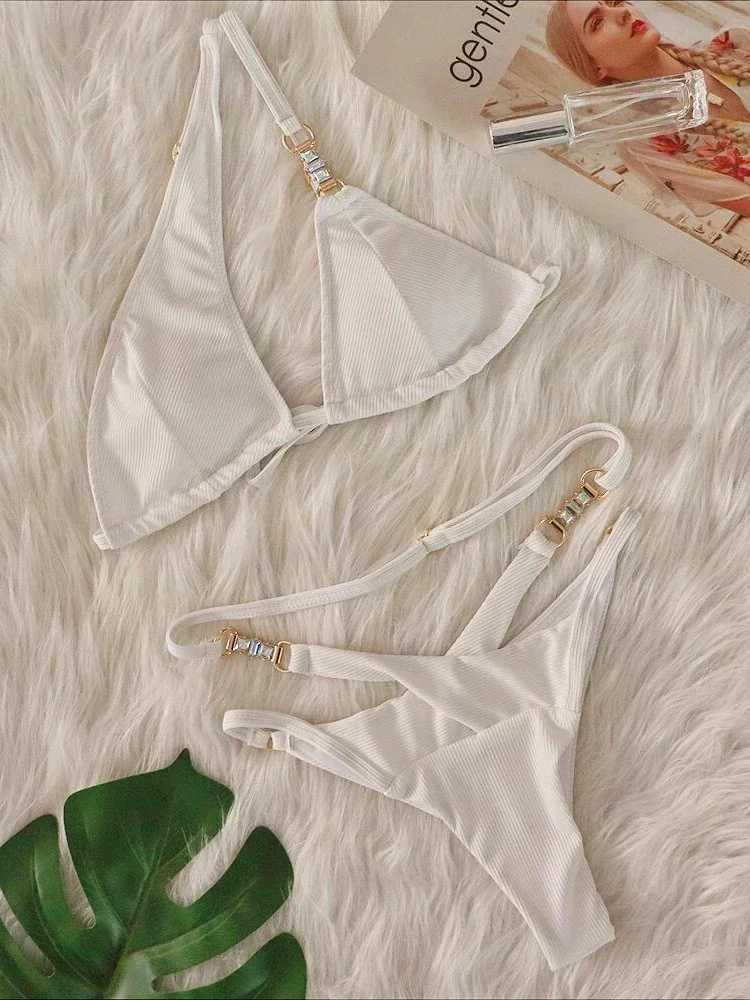 Circyy Pink Sexy Swimsuit Womens One Shoulder Bikini Set Lace Upward Shining Diamond Swimsuit Drawer Divided into Two BiquinisW241225