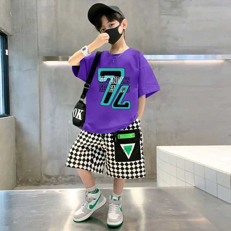 Clothing Sets Summer Children Boy Clothes Set Fashion Plaid Printed T-shirts and Shorts 2 Pieces Teenage Short Sleeve Top Bottom OutfitsY241225O40C