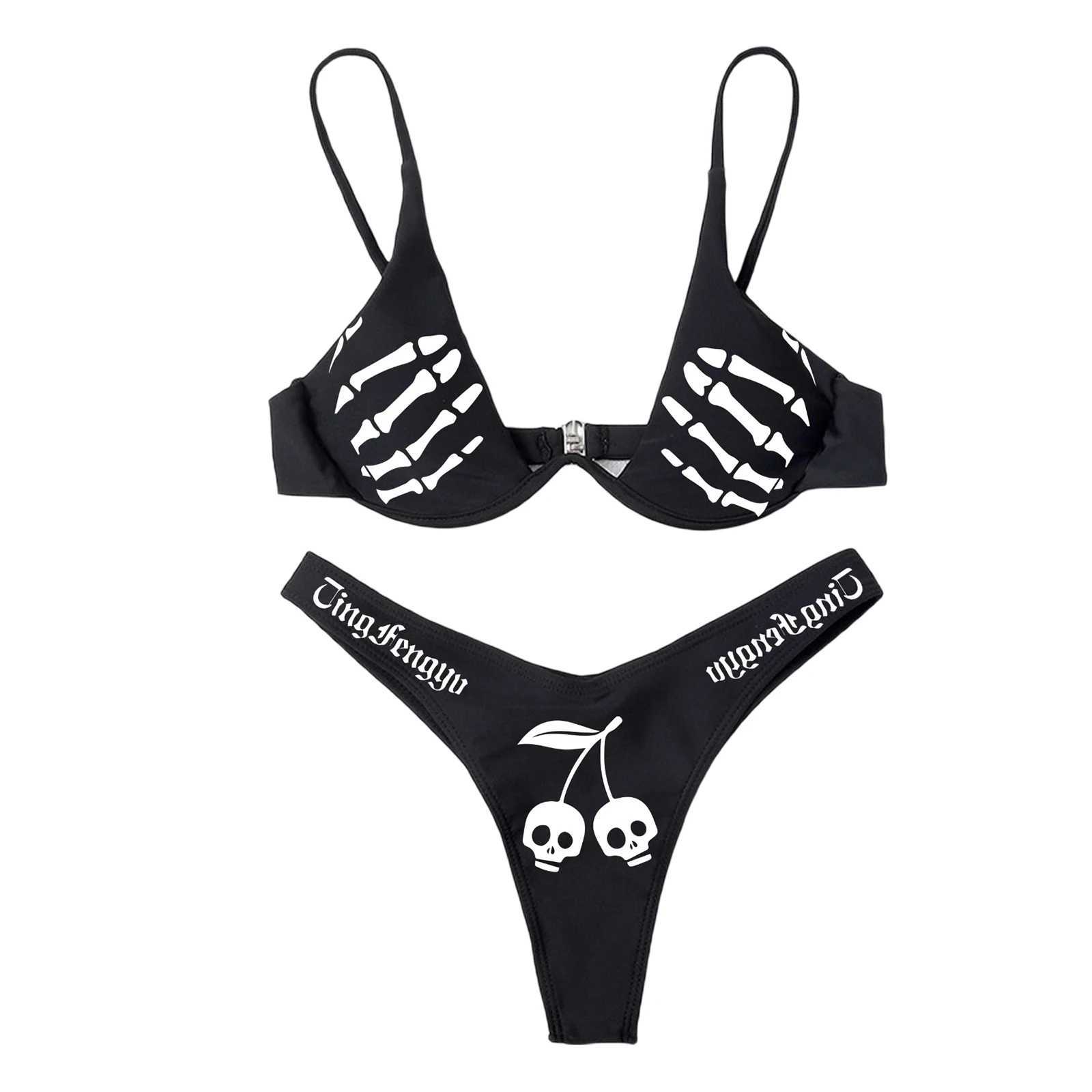 Yiiciovy womens swimsuit bikini set Halloween skull letter printing V-neck push up pad bikini+elastic waist Brazilian bikiniW241225