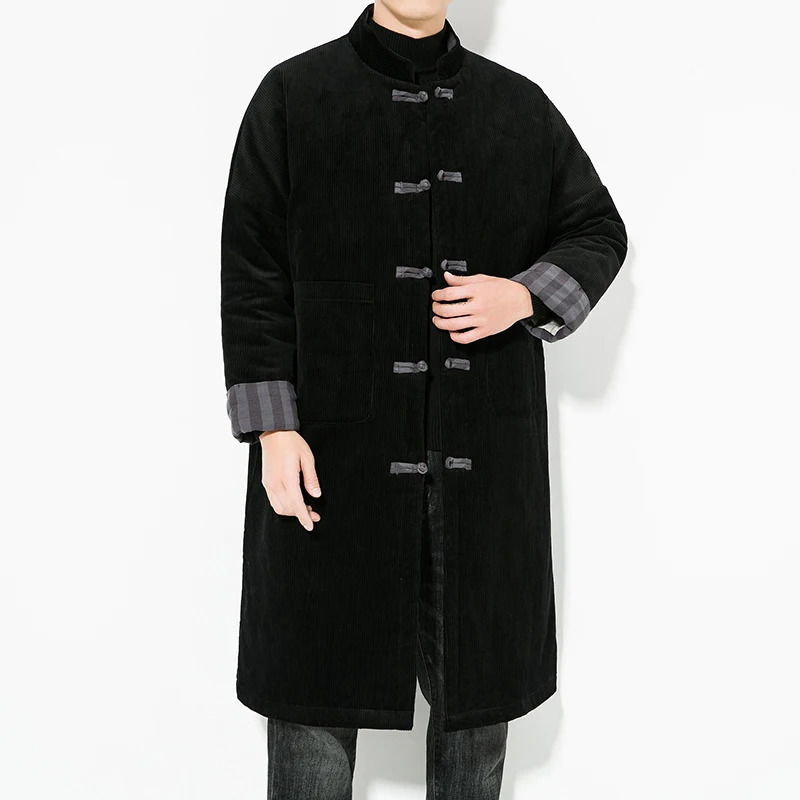 2023 Autumn Winter Men Retro Kung Fu Long Parkas Mens Corduroy Cotton Padded Jacket Windbreaker Male Warm Vintage Trench Coat 241225