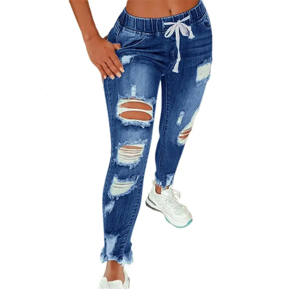 Women Ripped Elastic Waist Jeans Fashion Slim High Stretch Denim Pencil Pants Large Size Trousers S5XL Drop Ship 241225