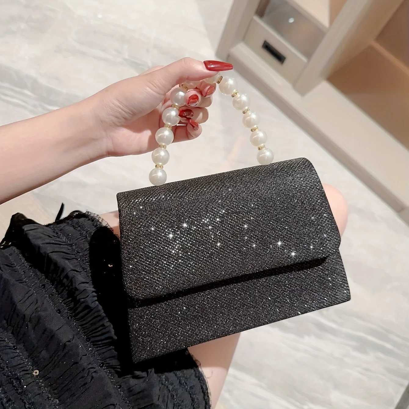 New Style Women Evening Handbag Rhine Purse Bag Square Pearl Handbag Female Shiny Flip Bridal Cluh Bag For WomenXJ250227