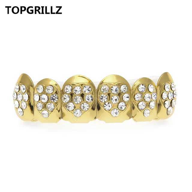 TOPGRILLZ Gold Color Plated CZ Rhinestone Hip hop Heart-Shed Tooth Grillz Top Bottom GRILLS Set Teeth Gift For FriendsXJ241225