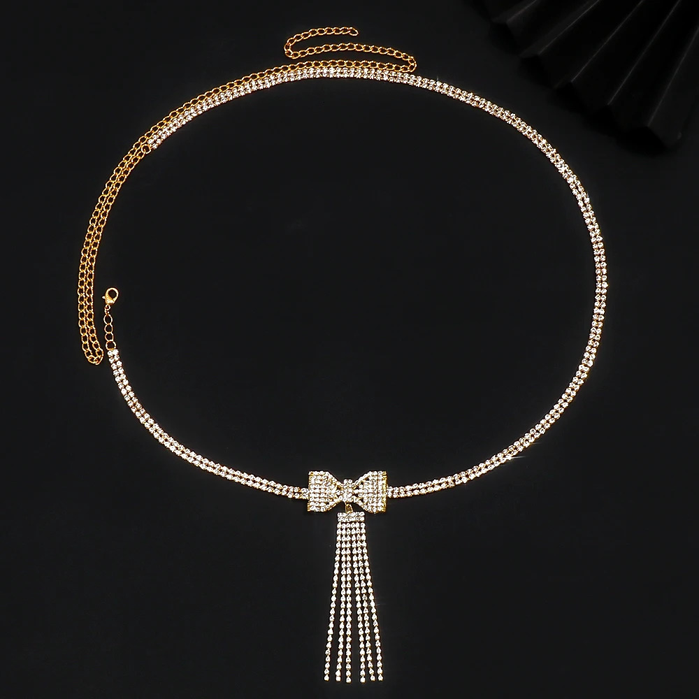 Simple Y2k Tassel Bow Waist Chain Double-Row Body Woman Accessories Sexy Jewelry Bling Rhinestone Belly Chain Bikinis Beach 241225