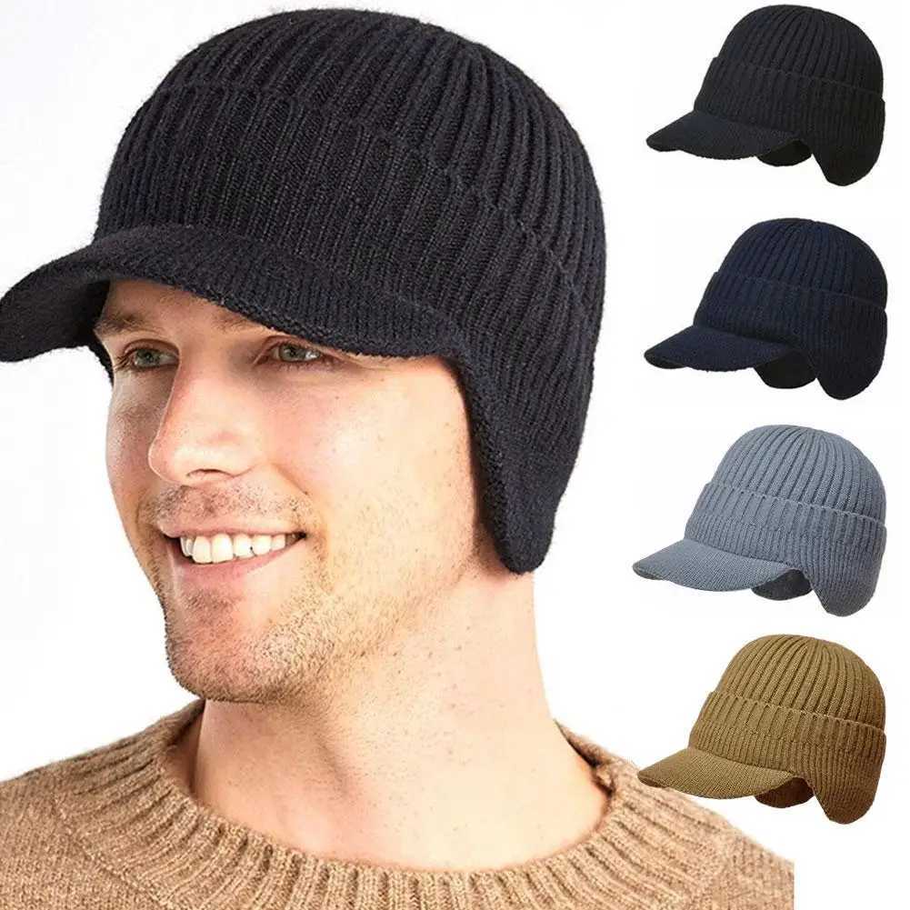Mens Winter Knitted Hat Outdoor Bicycle Ear Protection Warm Peaked Hat Casual Fashion Sunhat Bomber Skulls Beanies 55-60CM W241225