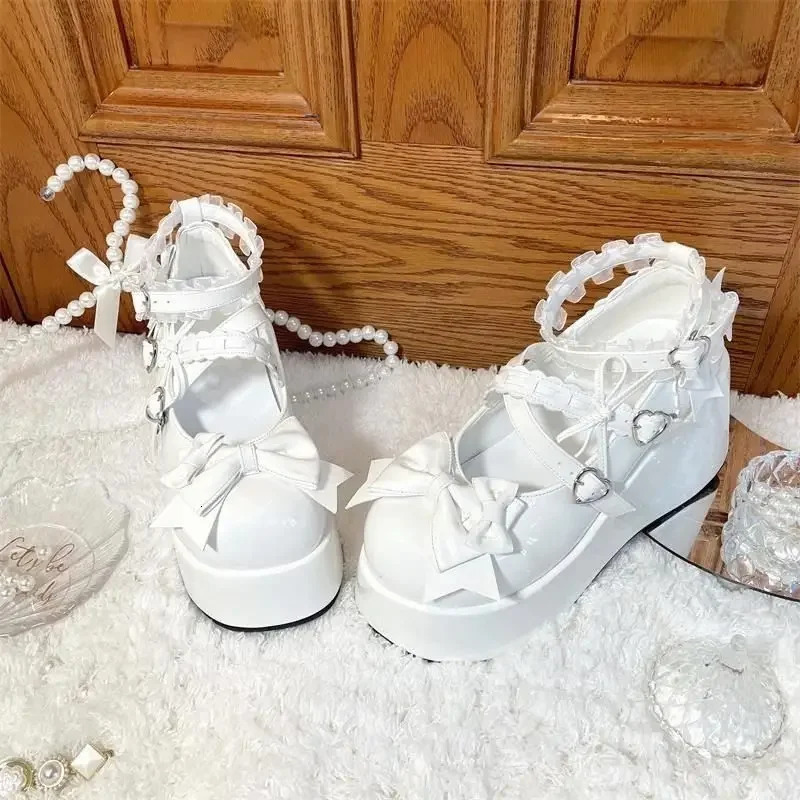 Kawaii Lace Bowknot White Lolita Shoes Women Heart Buckle Platform Mary Janes Woman Japanese Style Patent Leather Jk Shoes 241225