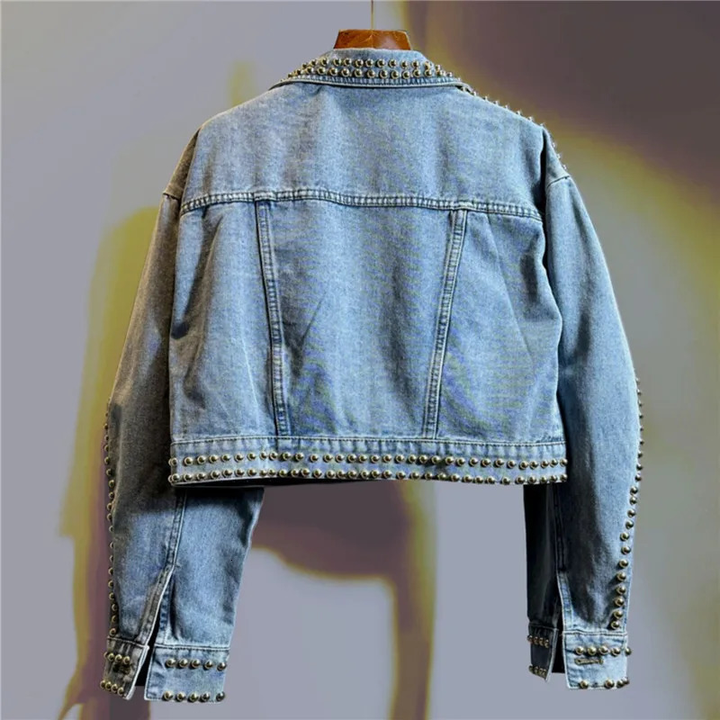 Spring Women Heavy Work Rivet Blue Short Denim Cardigan Jacket Loose Big Pocket Lapel Long Sleeve Female Jeans Jacket Coat 241223