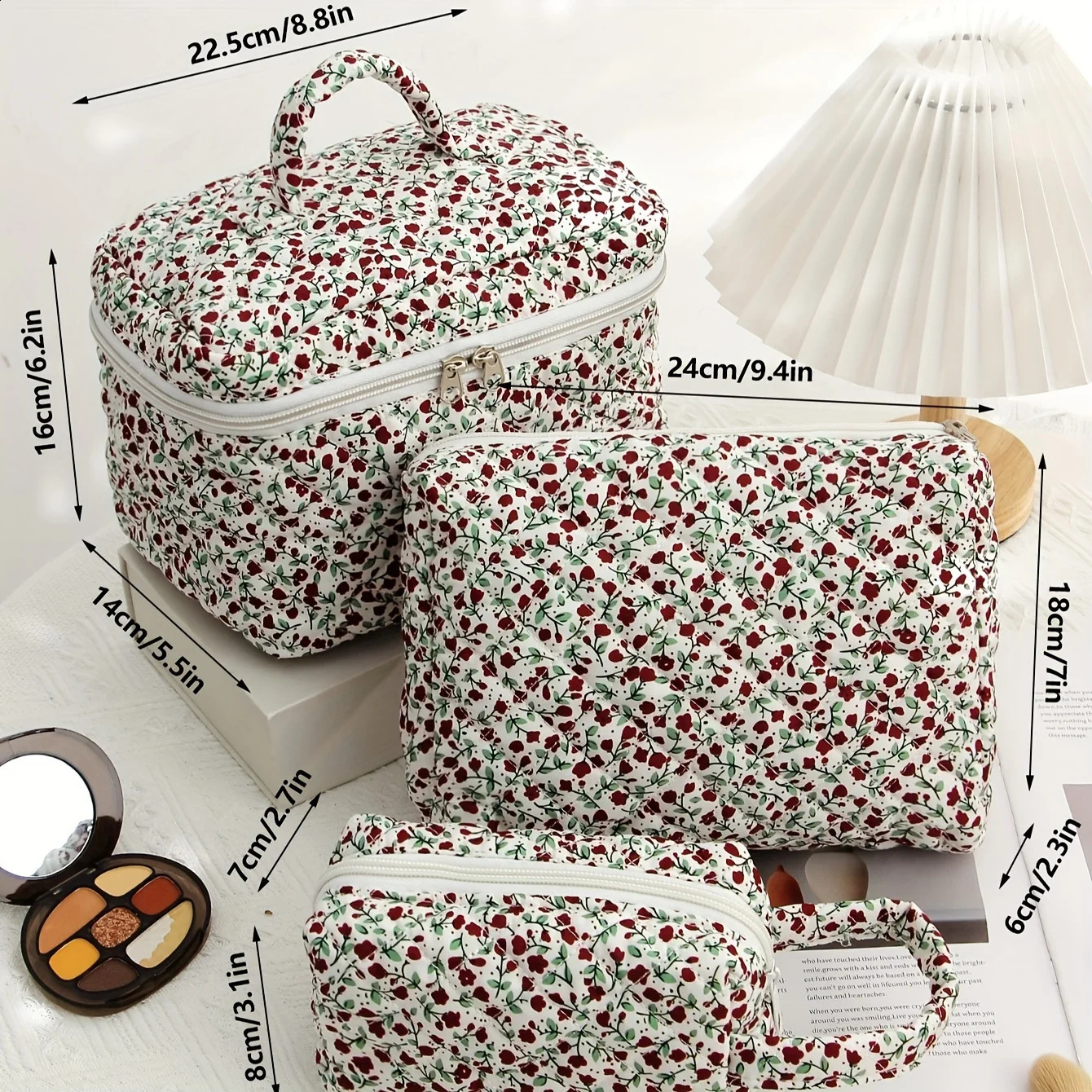 3 Pcs Cotton Quilted Makeup Bag SetFloral Makeup Bag Travel Makeup BagLarge Toiletry Cosmetic Bag Makeup Bag Organizer 250221