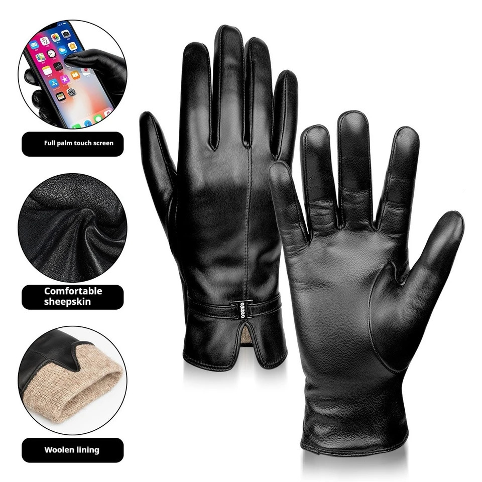 Touch screen sheepskin warm gloves Ladies fashion winter outdoor cycling driving business leather gloves plus fleece 241225