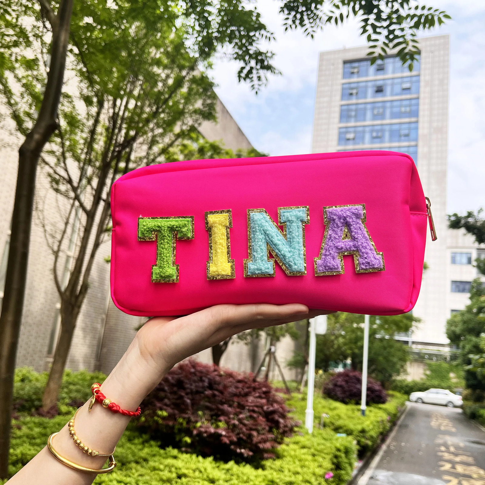 Personalized Chenille Embroidery High Capacity Makeup Bag Nylon--UP TO 5 LETTERS--Waterproof Travel Toiletry Bag for Women Girl 241226