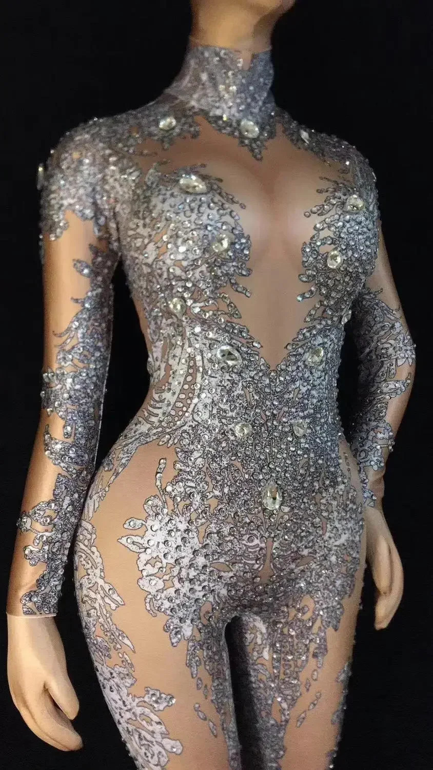 Rhinestones Sparkly Jumpsuit Fashion Sexy Nude Big Stretch Dance Costume One-piece Bodysuit Party Leggings Birthday Outfit 241225