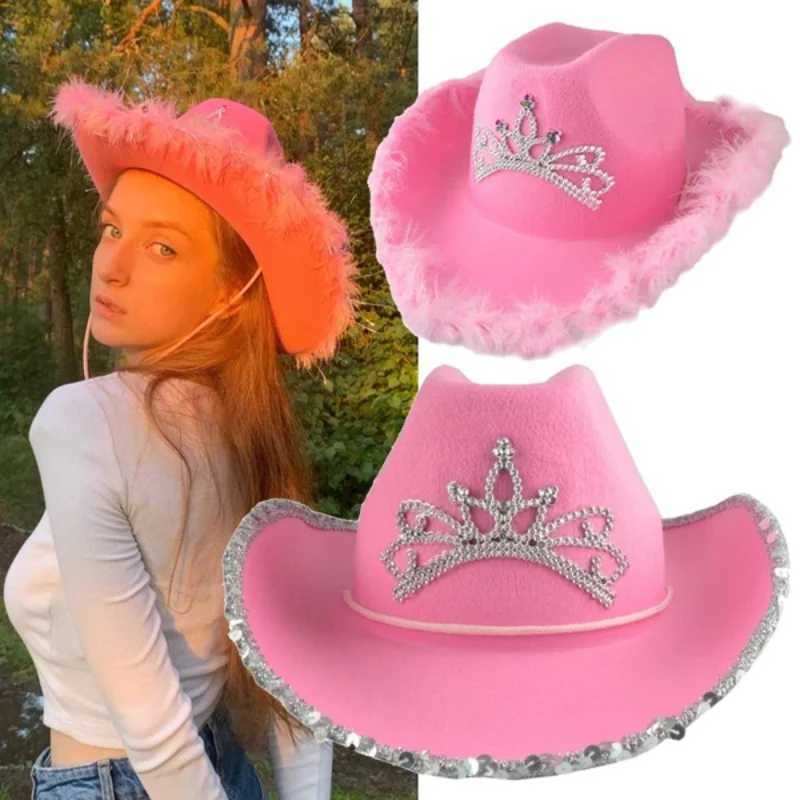 Western style denim hat pink womens Birtay party Cs decorated with feather sequins crown headpiece night club denim hat W241225