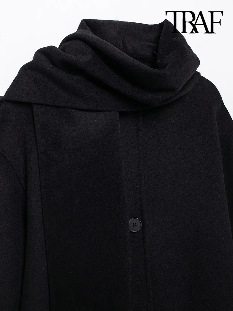 TRAFLoose Woolen Jacket with Scarf for Women Long Sleeve Coat Front Button Female Outerwear Chic Tops Fashion 241225
