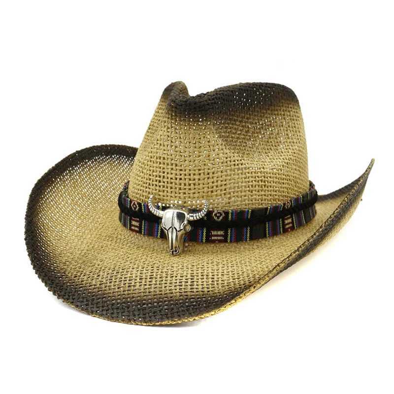 Black spray painted cow head decoration unisex womens Panama style hat wide brown sun visor Cs Per Str cowboy hat W241225