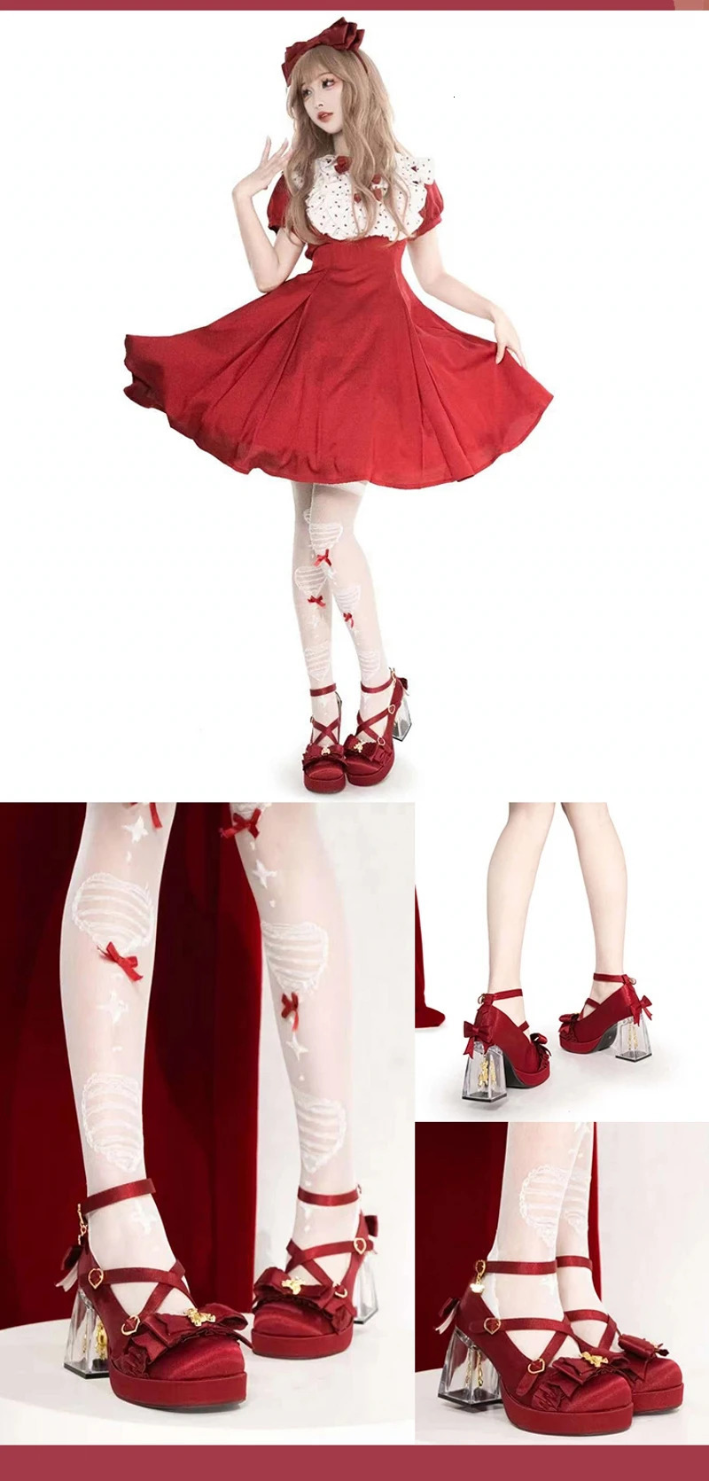 Girls sweet round red bow Platform lolita Shoes for girls High Heel LoliShoes 241225