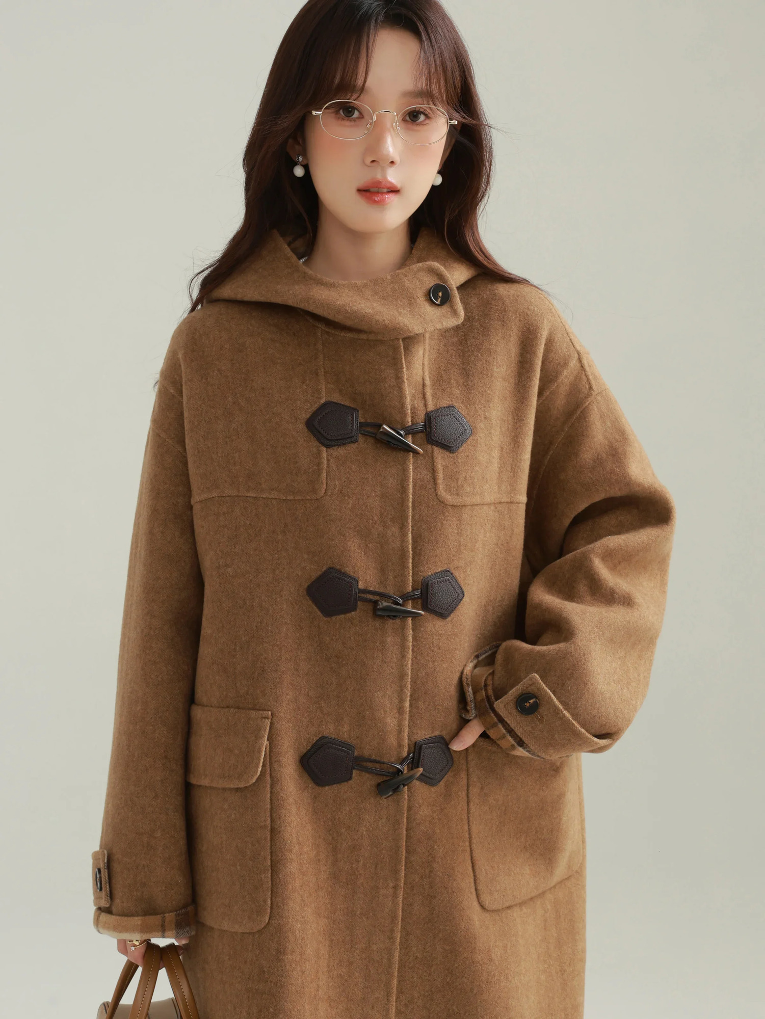 DoubleFaced Wool Duffle Hoodie Coat Women Toggle Button Classic Plaid Collar Warm Long Overcoat Casual Autumn Winter Outerwear 241225