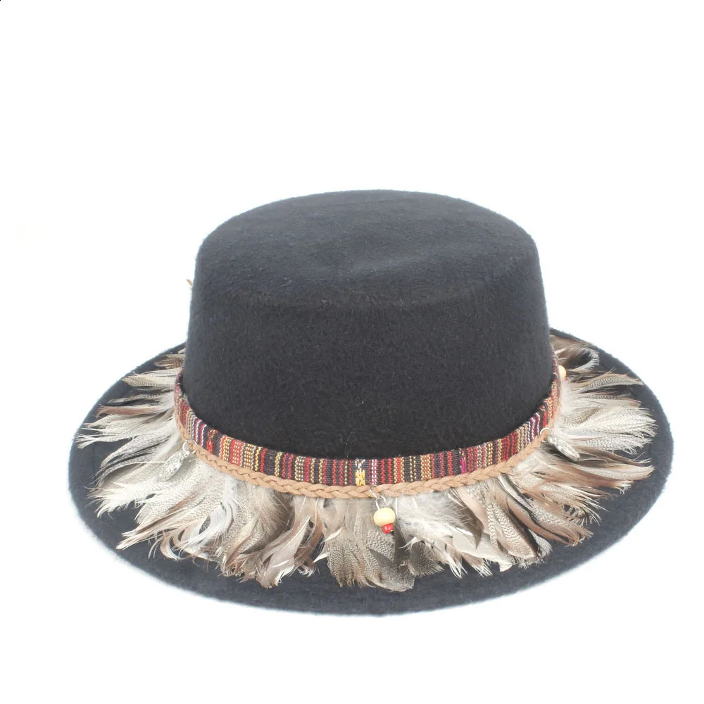 Unisex Men Women Fashion Flat Top Fedora Hat With Feather Birthday Party Hat Trilby Jazz Hat Adult Hat Size 56-58CM 241226