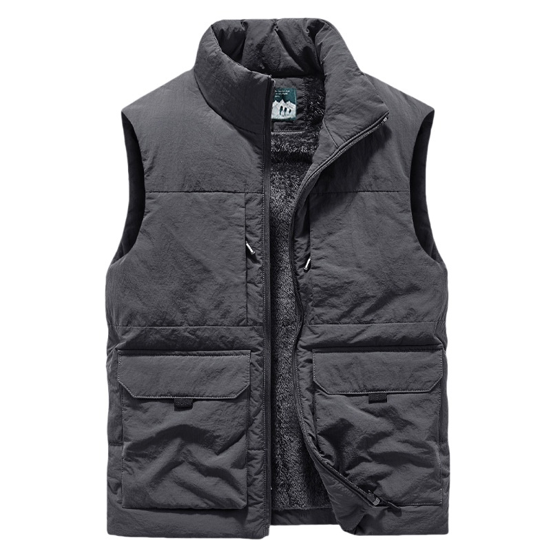Autumn Winter Men's Fleece Thickened Waistcoat Plus Size Outdoor Warm Cargo Male Multi Pocket Standing Collar Casual Vest