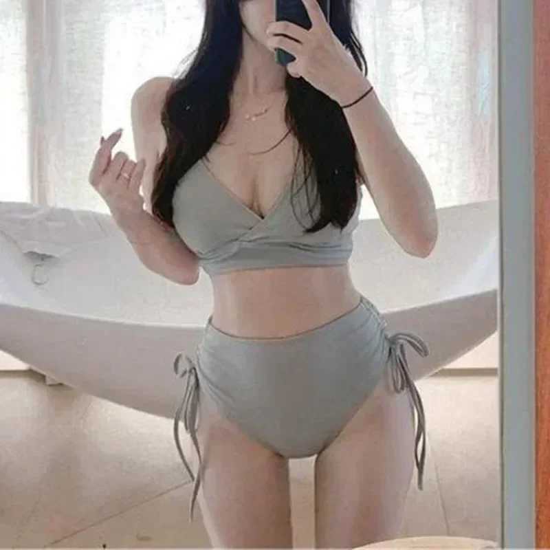 XGNVPY New Korean Two Piece Swimsuit Womens Solid Color Tight Waist Stretch Triangle BikiniW241225