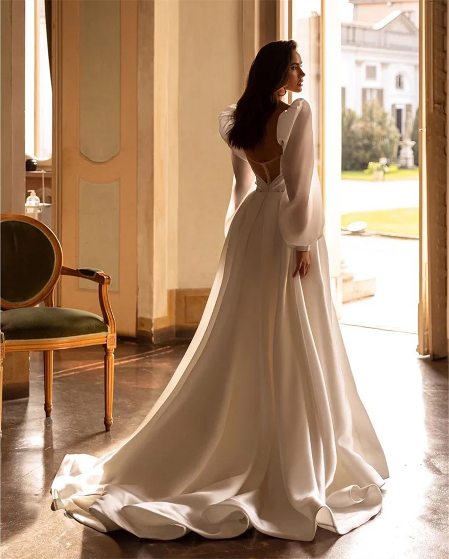 Chic Satin Princess Wedding Dresses Long Sleeves Bride Dress A Line High Slit Bridal Gowns Sweetheart Vestido De Novia 2024