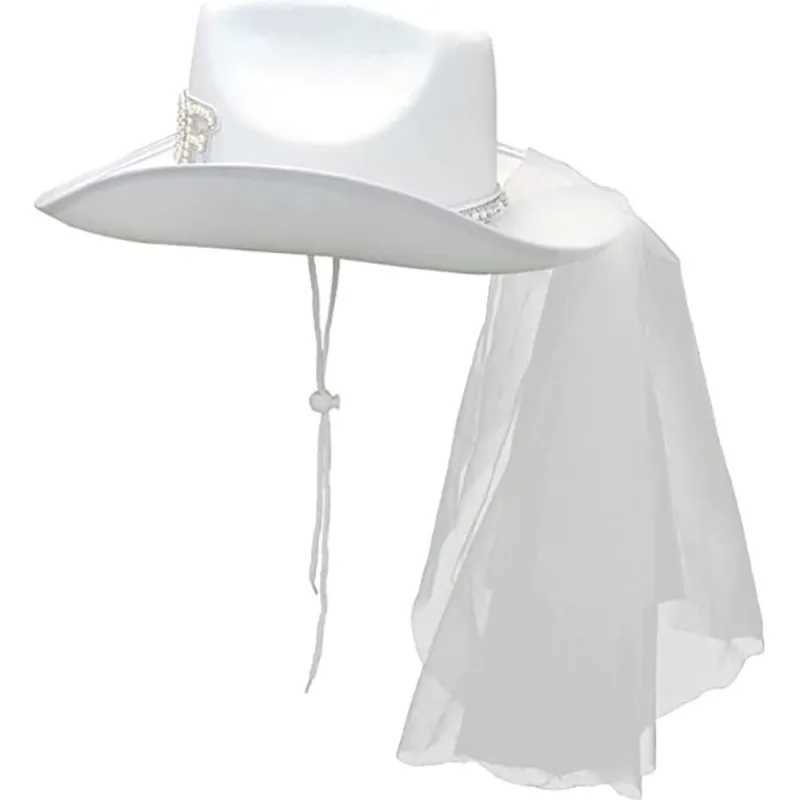 Bridal Pearl Veil Cowboy Hat Country West Space Disco Bridal Cowboy Girl C Wedding Singles Party Shower Decoration Gift W241225